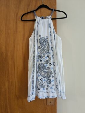 Venus White Halter Dress with Blue Paisley Embroidery.